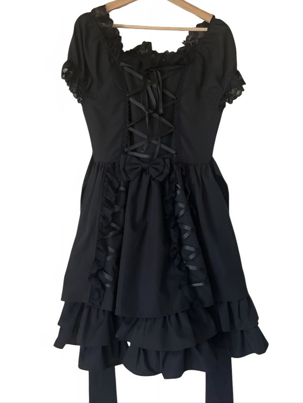 Black Gothic Lolita tiered sleeveless dress ruffles lace-up Witchy Renaissance L